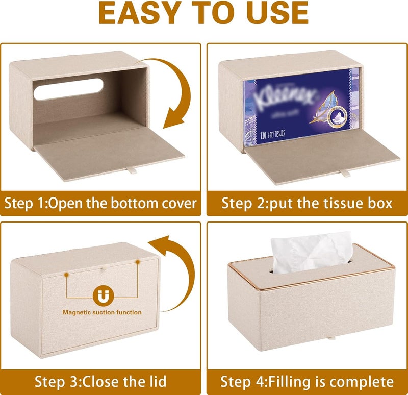 XNONE Tissue Box Cover Rectangle Tissue Box Holder PU Leather Facial Organizer with Magnetic Bottom,Decorative Napkin Caddy for Vanity Dresser Night Stand Table Countertop Home Office Car,Beige - Image 5